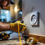 A photograph of a lighting contractor expertly installing a round box outlet cover in a residential setting