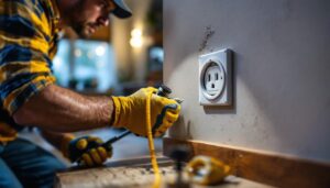A photograph of a lighting contractor expertly installing a round box outlet cover in a residential setting