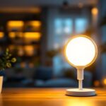A photograph of a close-up of a glowing led lamp in a modern home setting