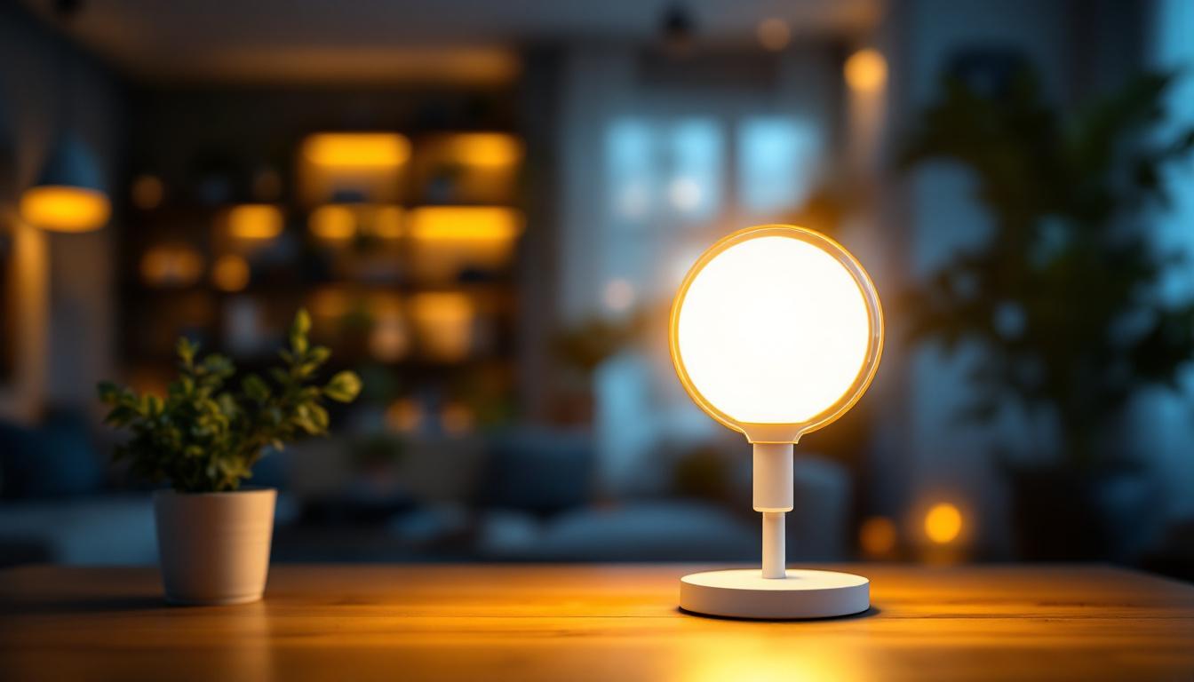 A photograph of a close-up of a glowing led lamp in a modern home setting