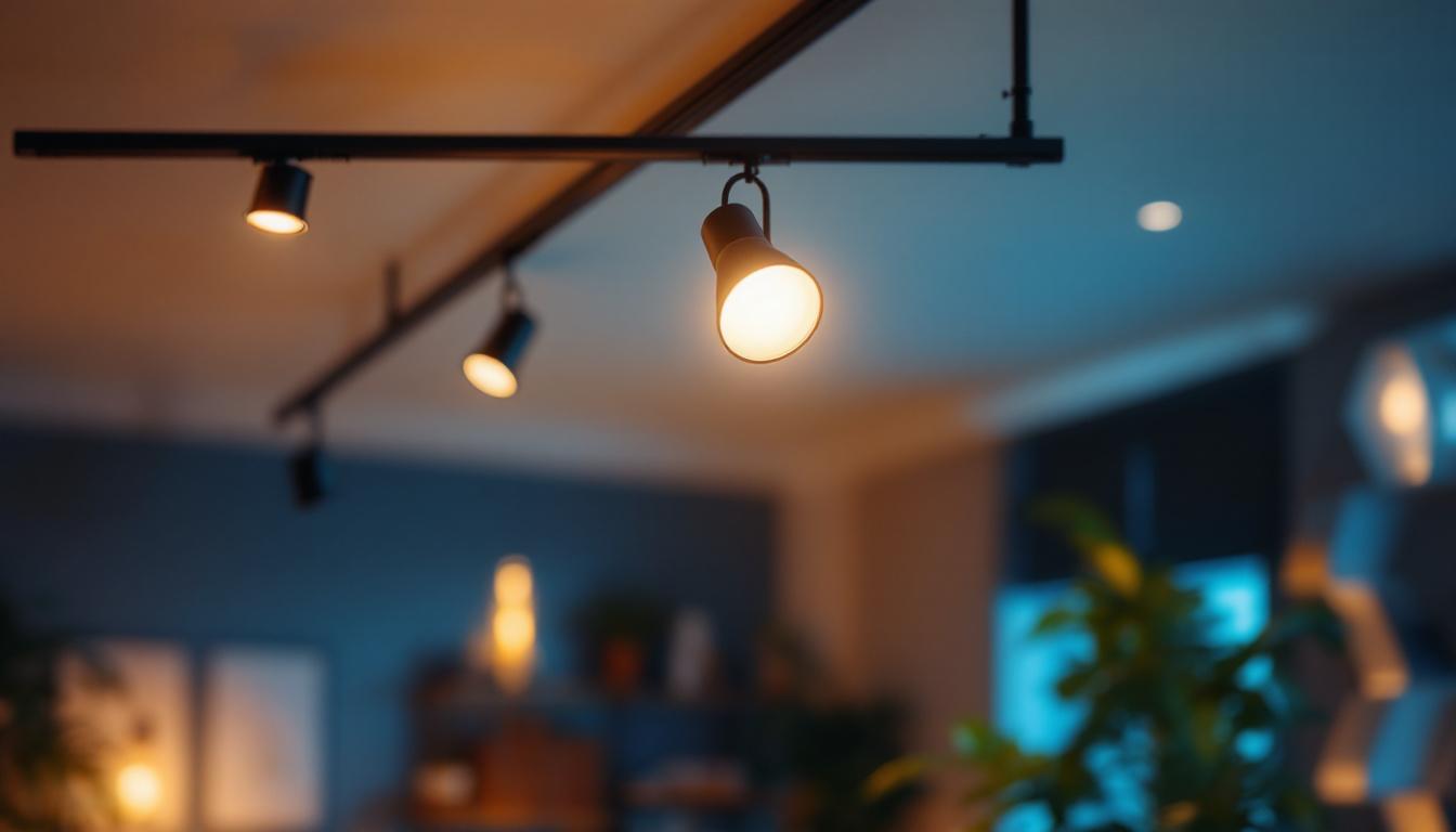 A photograph of a well-designed track lighting installation in a stylish interior setting