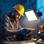 A photograph of a lighting contractor actively using innovative lighting units on a job site