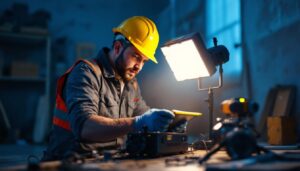A photograph of a lighting contractor actively using innovative lighting units on a job site