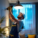 A photograph of a skilled lighting contractor installing a stylish led lamp kit in a modern residential setting