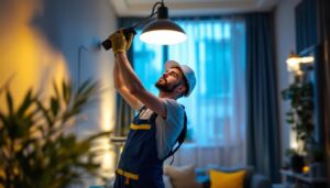 A photograph of a skilled lighting contractor installing a stylish led lamp kit in a modern residential setting