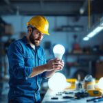 A photograph of a lighting contractor examining an 8-foot led bulb in a well-lit workspace