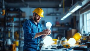 A photograph of a lighting contractor examining an 8-foot led bulb in a well-lit workspace