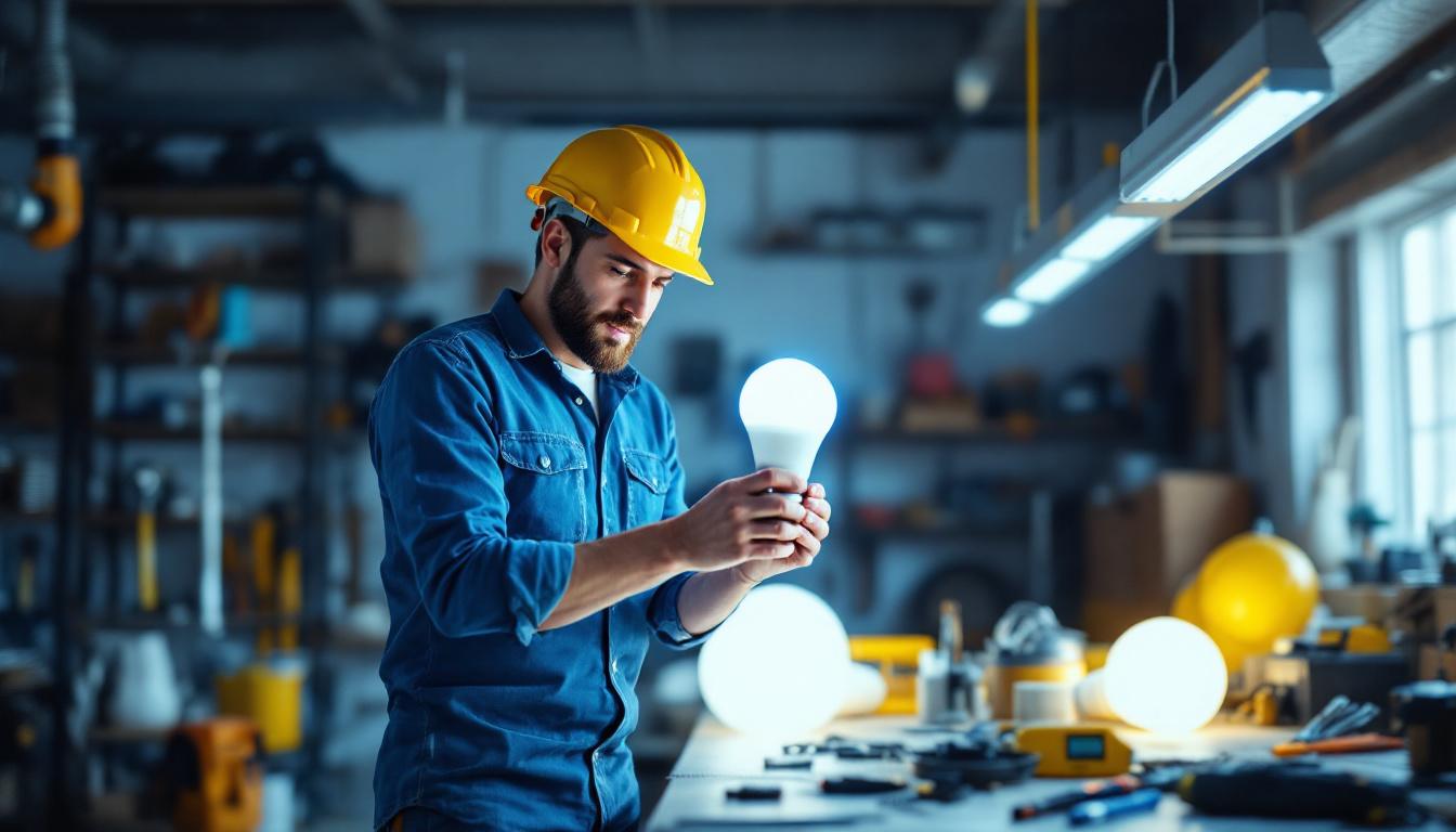 A photograph of a lighting contractor examining an 8-foot led bulb in a well-lit workspace