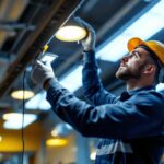 A photograph of a lighting contractor expertly installing led fixtures in a modern space