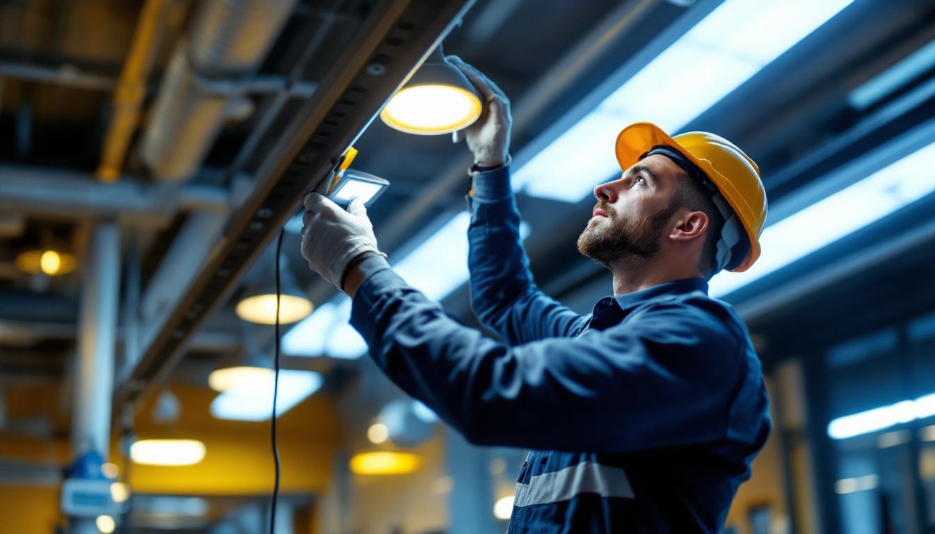 A photograph of a lighting contractor expertly installing led fixtures in a modern space