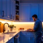 A photograph of a beautifully illuminated kitchen scene featuring under-cabinet led lights