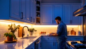 A photograph of a beautifully illuminated kitchen scene featuring under-cabinet led lights