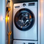 A photograph of a stackable washer and dryer setup in a modern laundry space