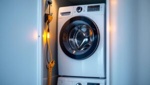 A photograph of a stackable washer and dryer setup in a modern laundry space