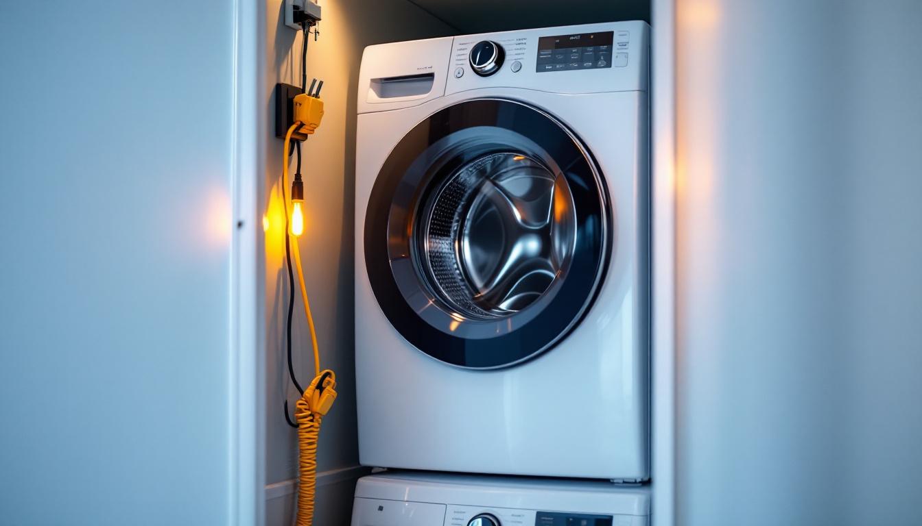 A photograph of a stackable washer and dryer setup in a modern laundry space