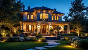 A photograph of a beautifully illuminated residential exterior at dusk