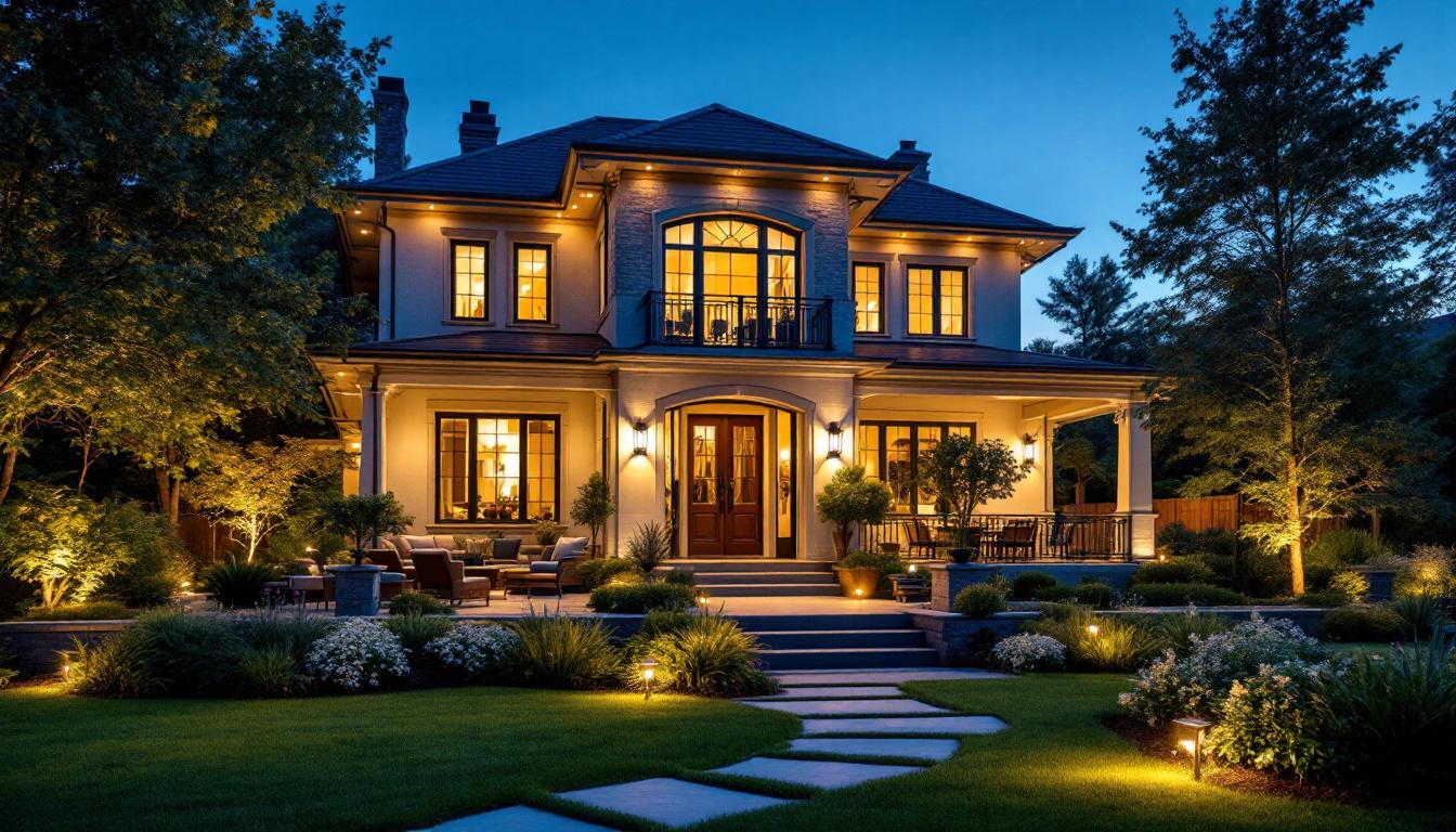 A photograph of a beautifully illuminated residential exterior at dusk