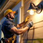 A photograph of a skilled lighting contractor installing an outdoor wall-mounted light fixture on a home