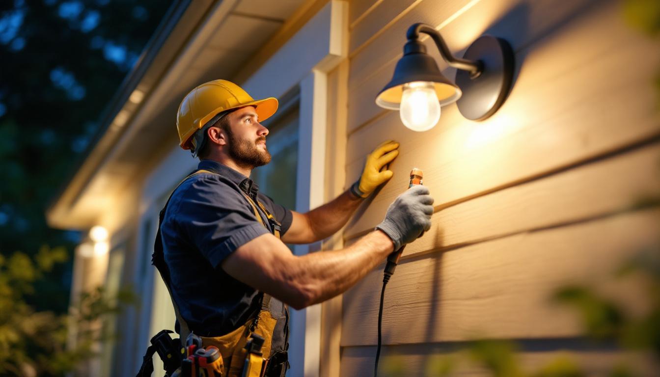 A photograph of a skilled lighting contractor installing an outdoor wall-mounted light fixture on a home