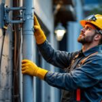 A photograph of a lighting contractor installing a light pole cover in an outdoor setting
