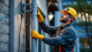 A photograph of a lighting contractor installing a light pole cover in an outdoor setting