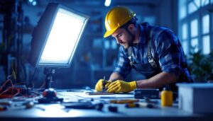 A photograph of a professional lighting contractor installing a light mount plate in a well-lit environment