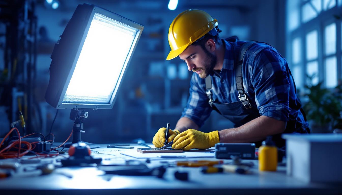 A photograph of a professional lighting contractor installing a light mount plate in a well-lit environment