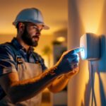 A photograph of a smart lighting contractor installing a low voltage motion detector in a residential setting