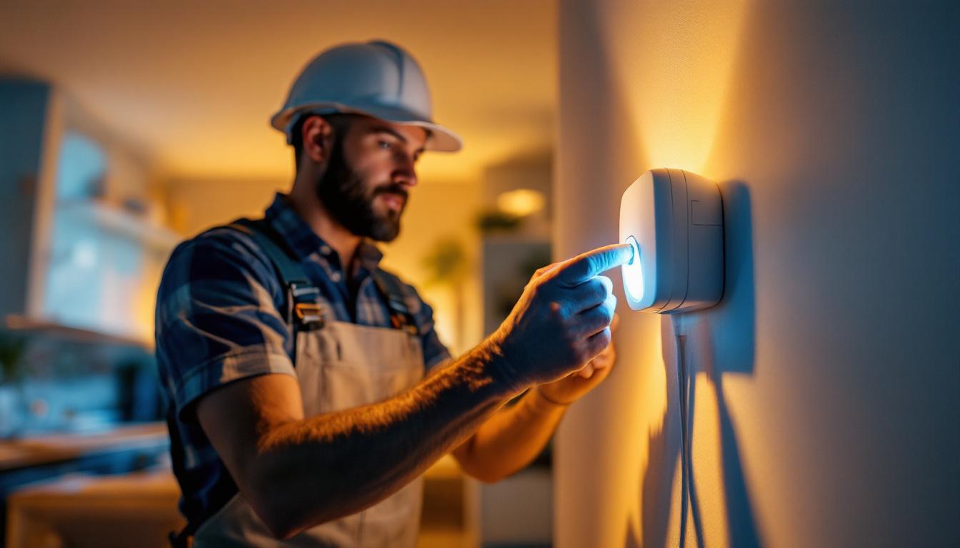 A photograph of a smart lighting contractor installing a low voltage motion detector in a residential setting