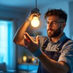 A photograph of a lighting contractor installing or adjusting a 60w type t bulb in a stylish residential or commercial setting
