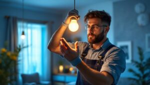 A photograph of a lighting contractor installing or adjusting a 60w type t bulb in a stylish residential or commercial setting