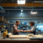 A photograph of a well-lit workshop or retail space featuring 4-foot led shop lights in use