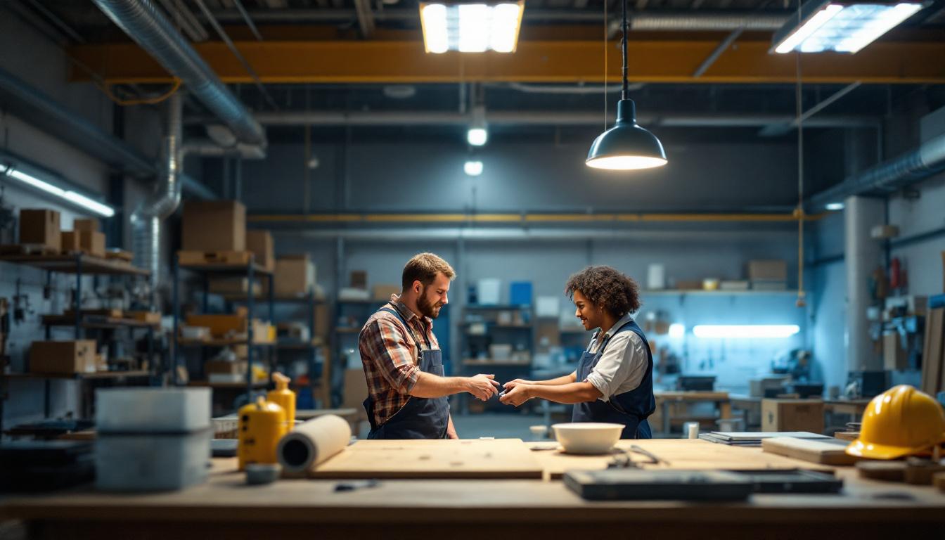 A photograph of a well-lit workshop or retail space featuring 4-foot led shop lights in use