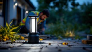 A photograph of a sleek black solar lantern in an outdoor setting