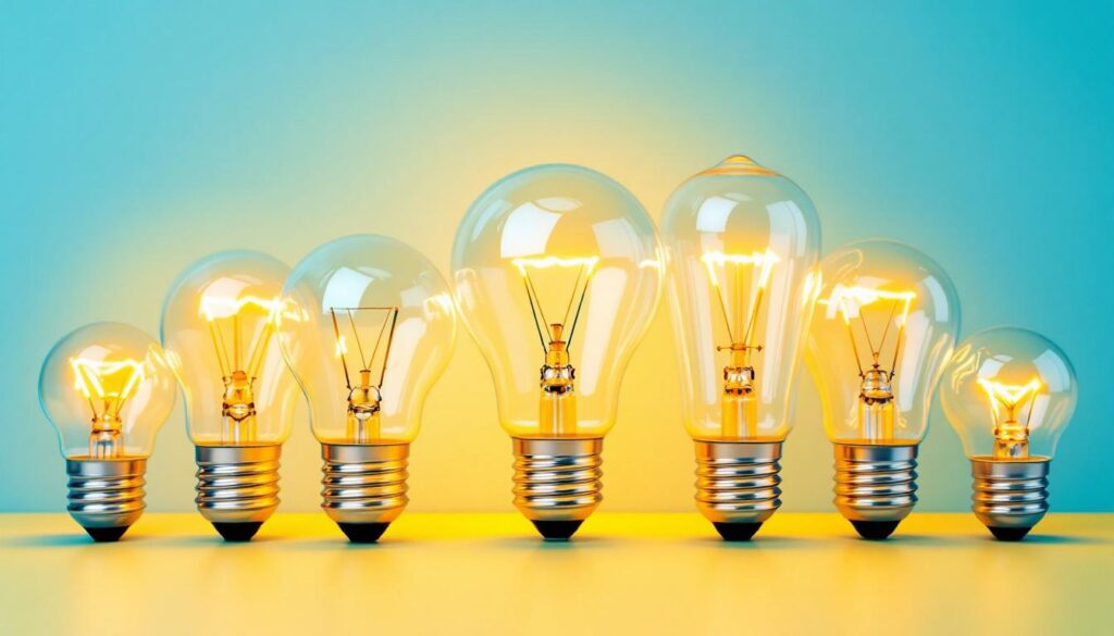 A photograph of a close-up view of various standard light bulb bases