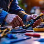 A photograph of a lighting contractor in action