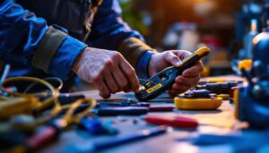 A photograph of a lighting contractor in action