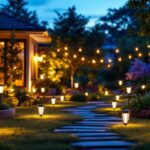 A photograph of a beautifully illuminated outdoor space featuring various styles of solar yard lights