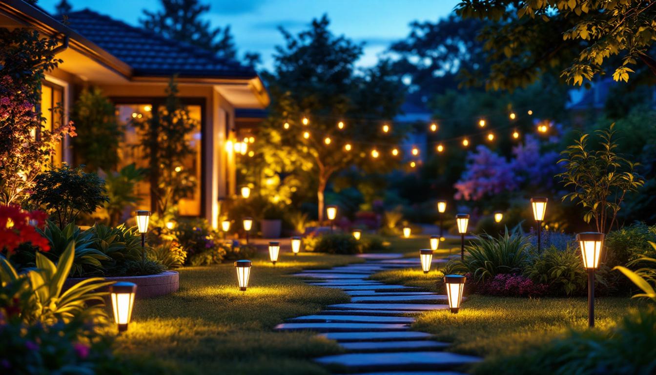 A photograph of a beautifully illuminated outdoor space featuring various styles of solar yard lights