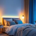 A photograph of a beautifully styled bedroom featuring beds with integrated led lights