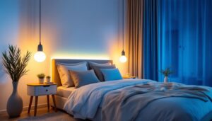 A photograph of a beautifully styled bedroom featuring beds with integrated led lights