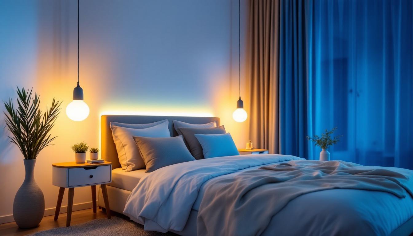 A photograph of a beautifully styled bedroom featuring beds with integrated led lights