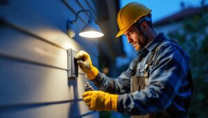 A photograph of a lighting contractor expertly replacing an outdoor light cover in a residential setting
