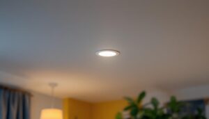 A photograph of a well-lit room featuring a close-up of a 6-inch recessed lighting trim