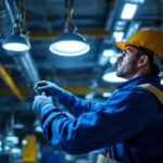 A photograph of a lighting contractor inspecting and adjusting various industrial light fixtures in a factory setting