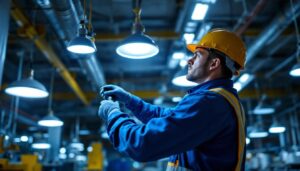 A photograph of a lighting contractor inspecting and adjusting various industrial light fixtures in a factory setting