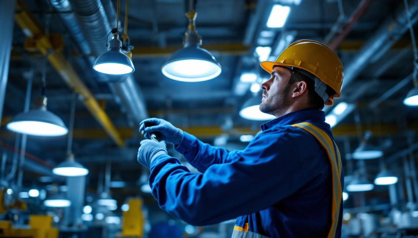 A photograph of a lighting contractor inspecting and adjusting various industrial light fixtures in a factory setting