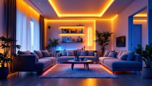 A photograph of a beautifully illuminated room featuring vibrant house led strip lighting