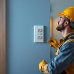 A photograph of a skilled lighting contractor installing a 4 outlet wall receptacle in a modern residential setting