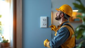 A photograph of a skilled lighting contractor installing a 4 outlet wall receptacle in a modern residential setting